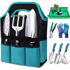 Ensemble d'outils de jardin Kynup, 7 pièces, outils à main en acier cyan pour travaux de jardinage avec sac de transport et gants - Product Image 1