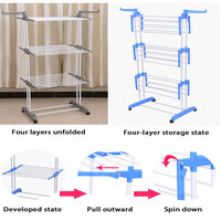 Séchoir à Linge Pliant Télescopique sur Pied à Double Barre, Métallique à 4 Niveaux, Étagère de Séchage pour Vêtements et Serviettes avec Roues