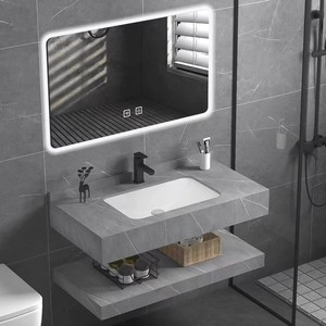 Vasque murale de salle de bain <span class=keywords><strong>en</strong></span> quartz, style hôtelier moderne et minimaliste, avec lavabo intégré et finition mate - Product Image 3