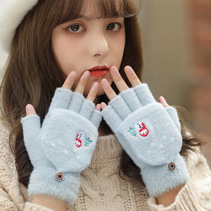 Autumn Winter Women's Half Finger Wrist-Length Nylon Flip Knitted <strong>Gloves</strong> <strong>Cute</strong> Korean Style Student Cold-proof Touchscreen - Product Image 4