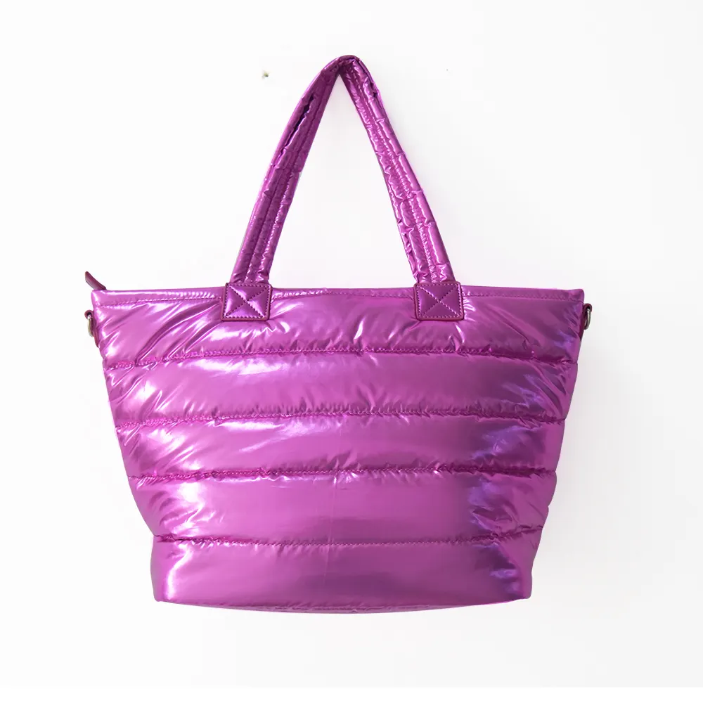 Metallic Shinny Nylon Quilted Stripes Winter Winter Puffer Bag Shoulder BAG