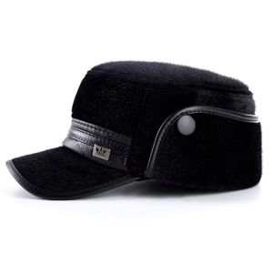 Winter Faux Fur <b>Flat</b> <b>Cap</b> For <b>Men</b> Black With Ear Flaps And Fleece Lining Warm Hat For Seniors And Dads - Product Image 1