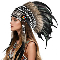 Coiffe indienne artisanale en plumes de coq avec strass, accessoire de chef tribal pour Halloween, cosplay, carnaval et danse