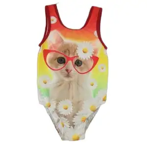 Cat Print Baby Girls One Piece Swimming Suits very adorable cat print with red sunglass design swimsuits for kids girls