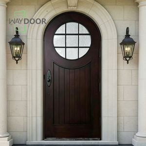 Porte d'entrée simple entièrement personnalisée, en bois <span class=keywords><strong>massif</strong></span> d'acajou africain, avec insert en verre circulaire à 9 panneaux et dessus arqué rond - Product Image 1