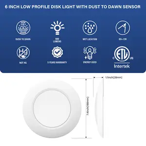 Energy Saving Build In Sensor Automatically Turning On After Dark And Off Easy Installation 6 Inch Disc Light ETL Certificated