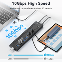 HB16Pro Hub USB 3.2 Gen2 10 Gbps à 16 ports avec interrupteurs d'alimentation individuels 8A+8C, 12V/8A DC, en alliage d'aluminium, station d'accueil USB C industrielle