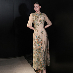 FMY65989 Abito Estivo di Alta Gamma in Seta con Stampa Tradizionale <span class=keywords><strong>Cinese</strong></span>, Stile Cheongsam per Donna - Product Image 2