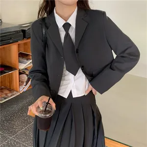 RT419 tek göğüslü siyah kırpma Blazer + uzun pilili etek kadın 2 parça Set ofis moda kadın ceketi şık etek takım elbise