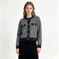 Nouvelle Arrivée 2026 – Cardigan en Maille Gris et Noir pour Femme, Élégant avec Boutons Dorés, Manches Longues, Coupe Courte, Idéal pour le Bureau et le Streetwear