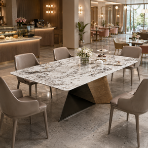 Table à manger personnalisée, plateau rectangulaire, style moderne, villa, 8 à 10 places, pieds en métal, meubles en pierre, luxe, quartzite Pandora - Product Image 6