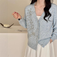 Damen 2025 Herbst Winter Neuer Koreanischer Stil Bedruckter Polyester-Strick Lässiger V-Ausschnitt Einreihig Klassisch Elegant Übergroß