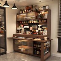 Meuble de bar à café moderne en bois, gain de place, avec table à manger rétractable et compartiment de rangement en rotin