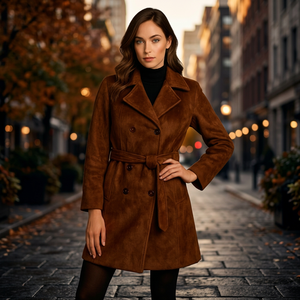 Manteau trench élégant en peau de mouton pour femmes, imperméable, en cuir véritable, fermeture à ceinture, saison automne/hiver, coton et laine imprimés - Product Image 3