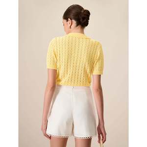 Cardigan court à col ouvert en tricot ajouré jaune pour femme, idéal pour l'été - Product Image 1