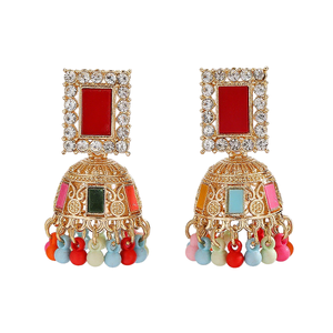 Pendientes de Moda con Incrustaciones de Arcoíris y Pedrería en Forma de Campana, Chapados en Oro/Plata, Aleación de Zinc, Casuales/Deportivos para Mujer, Jhumka Exquisitos - Product Image 1