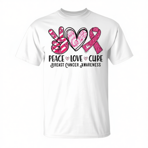 T-shirt de sensibilisation au cancer du sein avec ruban rose Peace Love Cure - Product Image 2