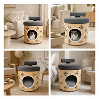 Lit et tabouret 2-en-1 pour chat et chien, maison pour animaux de compagnie en bois massif avec coussin en peluche doux, mobilier d'intérieur multifonctionnel