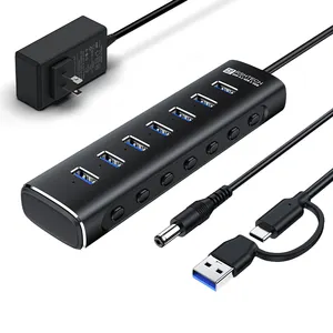 RSHTECH USB 3.2 Gen 2 Hub 7 en 1 10Gbps interrupteurs marche/arrêt individuels et adaptateur secteur 12V/2A Hub USB 7 ports pour ordinateur portable