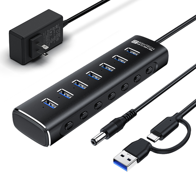 RSHTECH  USB 3.2 Gen 2 Hub 7 in 1 10Gbps Individual On/Off Switches and 12V/2A Power Adapter 7 Ports Usb Hub for Laptop PC