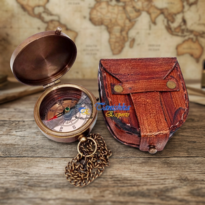 Antique Brass Pocket <b>Compass</b> With <b>Chain</b> And Leather Case Circular Travel Accessory Polished Gold Plated - Product Image 3