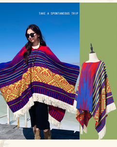Unisex Red <strong>Black</strong> Brown Aztec Western Tribal Geometric Print Fringe Knit <strong>Poncho</strong> Shawl Wrap <strong>Cape</strong> for Fall Winter Outdoor Travel - Product Image 2