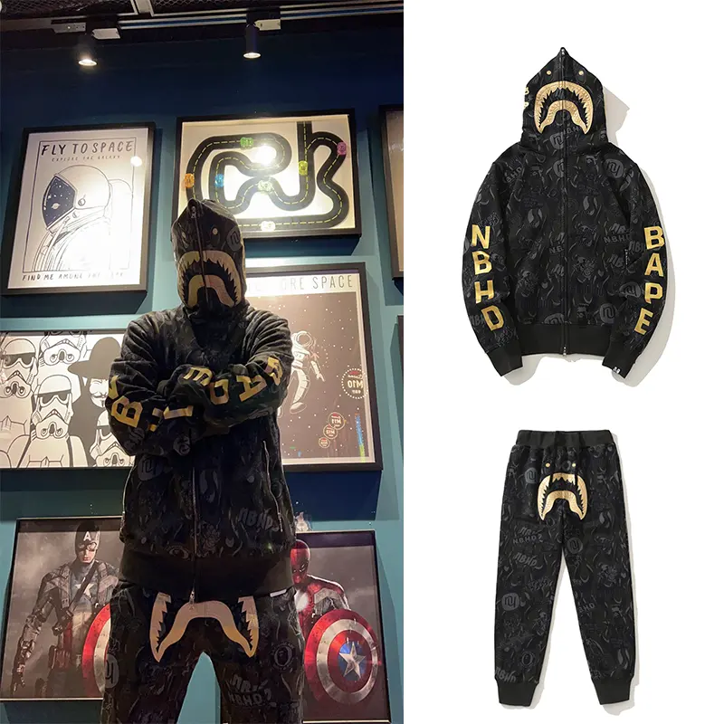 Bathing ape shark camo zip up hoodies streetwear 100% cotton NBHD skull black gold Sweatshirt unisex full zip bapees hoodie