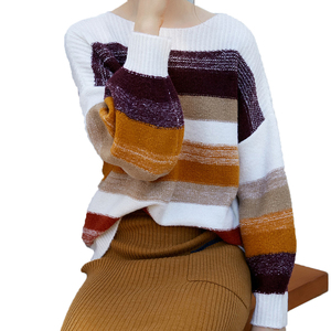 Pull chaud en <span class=keywords><strong>laine</strong></span> mérinos pour dames en tricot ample à col rond à rayures colorées - Product Image 4