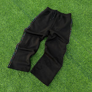 Personalizado de los hombres multicolor de diamantes de imitación de peso pesado cintura elástica negro holgado pantalones de chándal - Product Image 3