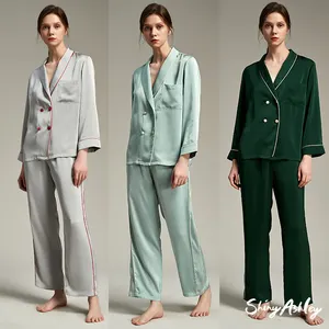 RTS New Style Women Pajama Fashionable Simple Lady Sleepwear Soild Satin Opening Front Women Pajamas Set