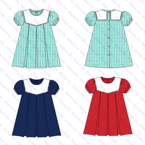 Оптовая продажа, плиссированное детское платье с коротким рукавом для маленьких девочек, хлопковые платья в клетку с монограммой для девочек