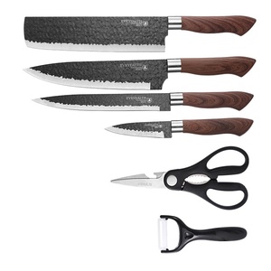 Set di 6 coltelli da cucina per uso domestico in acciaio inossidabile con motivo martellato, coltello da chef, forbici e manico in legno - Commercio estero - Product Image 5