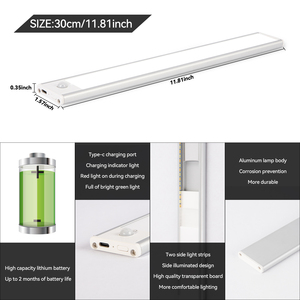 30cm 12inch <span class=keywords><strong>3</strong></span> màu trong một Led Mỏng tủ quần áo Ánh sáng thay đổi độ sáng USB có thể sạc lại cảm biến chuyển động từ dưới đèn tủ - Product Image 3