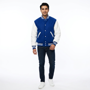 FINER THREADS Custom <b>Men's</b> Winter Varsity <b>Jacket</b> Navy Blue Body <b>White</b> Sleeves Front Quilted Windproof Breathable Cotton Stand - Product Image 1
