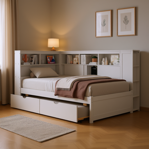 Divano letto singolo in legno con ripiani portaoggetti e porta USB, include letto estraibile - Product Image 2