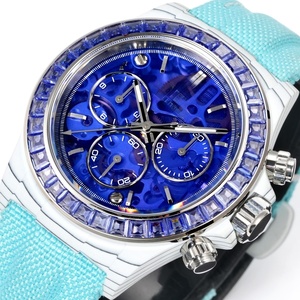<span class=keywords><strong>Montre</strong></span> pour homme de pointe en fibre de carbone blanche avec lunette sertie de diamants bleus, squelette, mouvement mécanique 4130, élégante et polyvalente - Product Image 3