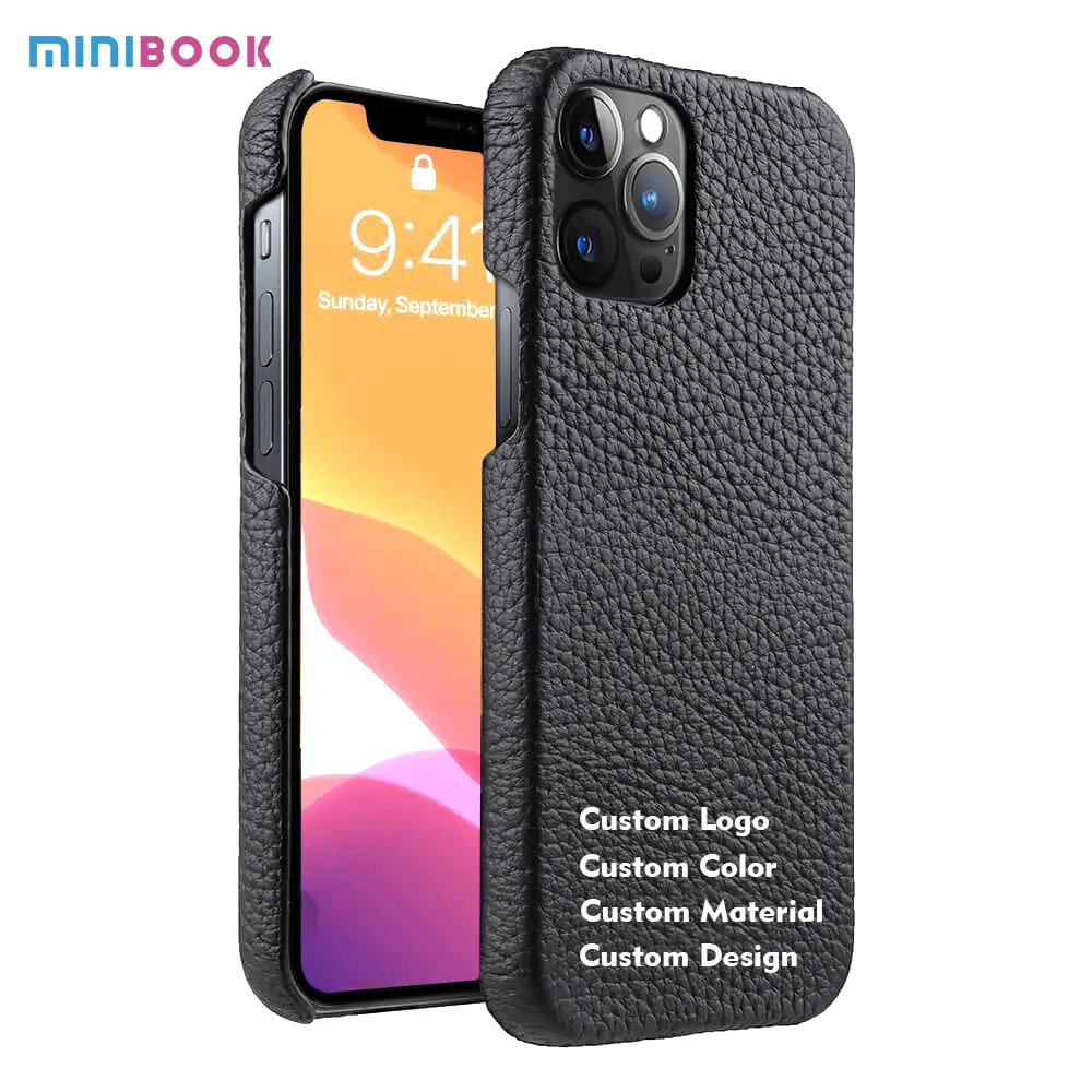 Minibook Custom designer real pebble grain Genuine Leather phone accessories protective Mobile phone case For iPhone 14 pro max