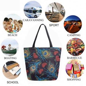 Bolso de mano elegante con plumas de pavo real, bolso grande de lona para el hombro, bolso de compras duradero y reutilizable - Product Image 4