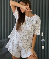 Ensemble pyjama d'été imprimé floral pour femme, col rond, haut à manches courtes et short à volants, 2 pièces, vêtements de détente et de nuit