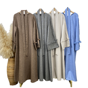 Hot Selling Customized Islamic Linen <b>Abaya</b>-Solid Long Sleeve A-Line Simple Design with Pearls & Embroidery - Product Image 1