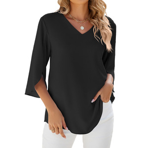 Blusa Casual Personalizada de Manga Corta con Parches, Holgada, de Gasa, para Mujer, al por Mayor, Cuello en V, Blusas Sólidas Bordadas para Primavera - Product Image 3