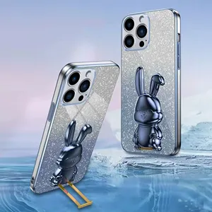 새로운 디자인 귀여운 전기 도금 점진적 반짝이 아이폰 15 14 13 12 11 플러스/프로/프로 맥스 용 3D 토끼 홀더 TPU 전화 케이스