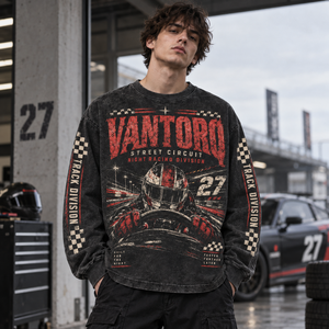 Sudadera con Capucha Vintage Lavada de Invierno, Unisex, con Gráfico de Circuito Nocturno, 100% Algodón, Talla Grande - Product Image 1