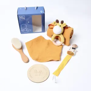 Giraffe crochet baby gift wood box set newborn cotton shower gift organic party favors