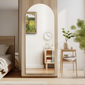 Grande specchio da pavimento ad arco a tutta lunghezza contro il muro per vestirsi da camera da letto e specchio con cornice in oro sottile a parete - Product Image 6