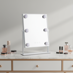 <span class=keywords><strong>Espejo</strong></span> de Escritorio Cuadrado Moderno Personalizado con <span class=keywords><strong>Marco</strong></span> Metálico Giratorio, Luz LED a Pilas y Brillo Ajustable para Uso en Tocador - Product Image 1