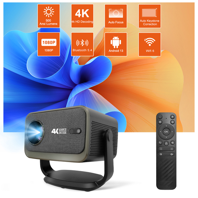 Smart Native 1080P 4K Support 500 Lumens HIFI Stereo WiFi 6 LED Projector Android 13 Home Cinema Auto Focus