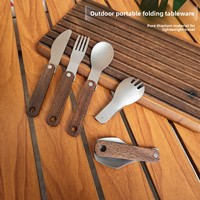 Ensemble de couverts de camping en titane pur ultra-léger, style moderne minimaliste, couteau, fourchette et cuillère pliables avec manches en bois de noyer pour l'extérieur
