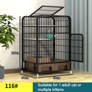 กรงแมวขนาดใหญ่ บ้านแมวเหล็กทรงสี่เหลี่ยมพร้อมกระบะทรายและล้อเลื่อน - Product Image 4