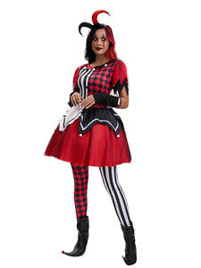 Disfraz de Payaso Terrorífico de Halloween, Conjunto de Cosplay de Harley Quinn Oscuro - Vestido de Payaso a Cuadros Rojo y Negro con Accesorio para la Cabeza - Product Image 3